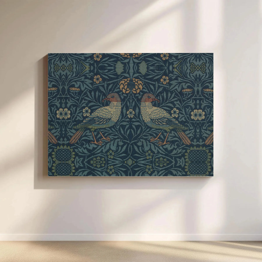 William Morris Style Bird Canvas Wall Art | Symmetrical Floral Tapestry Pattern | Premium Gallery-Wrapped Print | Elegant Home Decor Gift