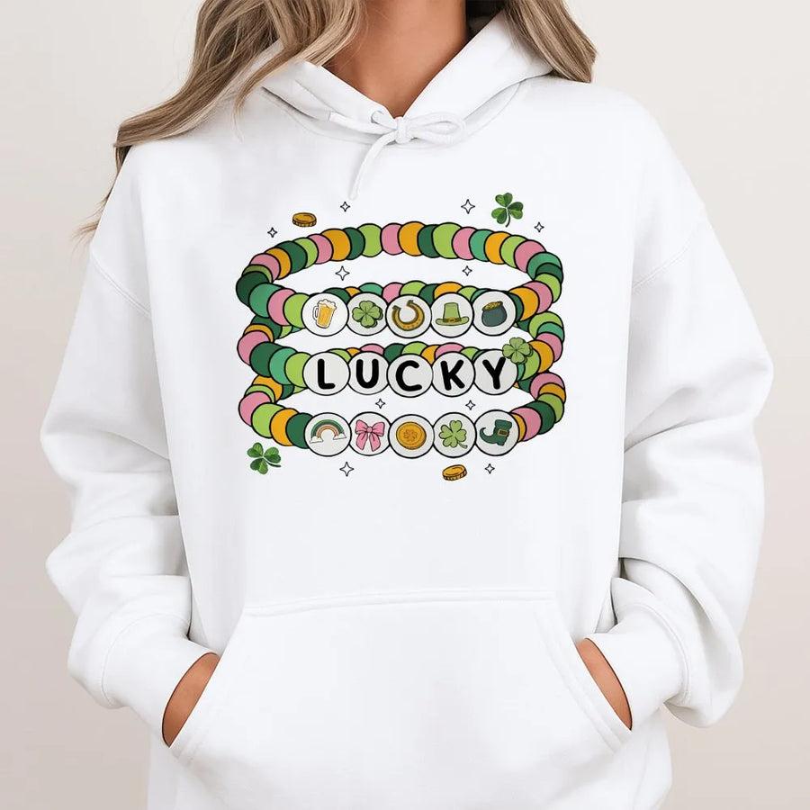 Lucky Friendship Bracelet Hoodie | St. Patricks Day Coquette Aesthetic | Soft Cotton-Blend Pullover | Cute Irish Gift for Her