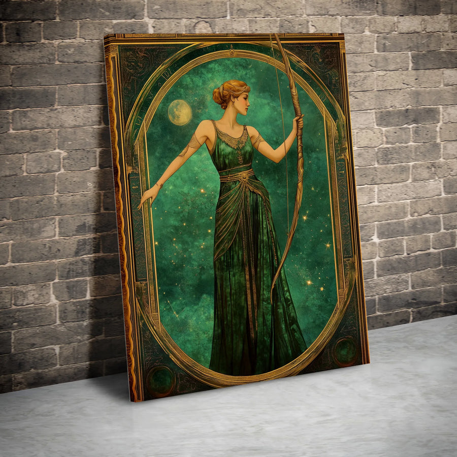Artemis Goddess Canvas Art | Art Nouveau Moon & Bow Aesthetic | Premium Gallery-Wrapped Print | Mythological Greek Decor for Home & Office