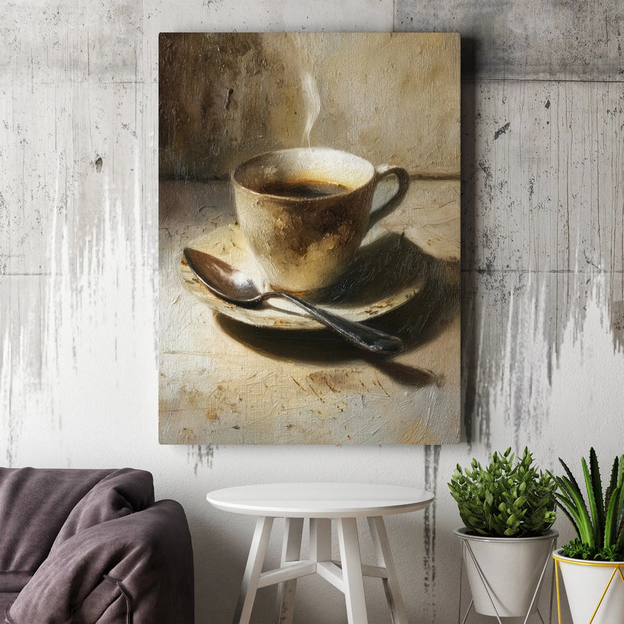 Coffee Cup Painting Canvas Print | Textured Oil Painting Style Art | Premium Gallery Wrapped Canvas | Kitchen & Cafe Decor Gift