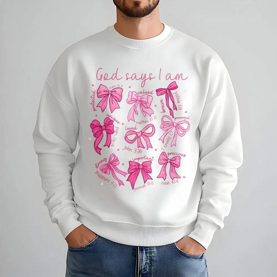 God Says I Am Sweatshirt | Christian Bow Aesthetic Design | Soft Cotton Blend Crewneck | Religious Scripture Gift for Women