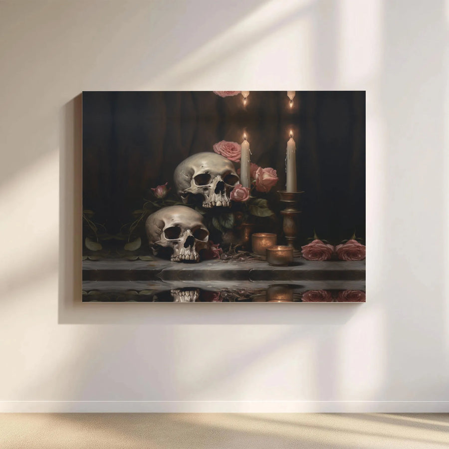 Gothic Vanitas Skull Canvas Wall Art | Still Life Roses and Candles | Premium Gallery Wrapped Decor | Moody Dark Academia Home Gift