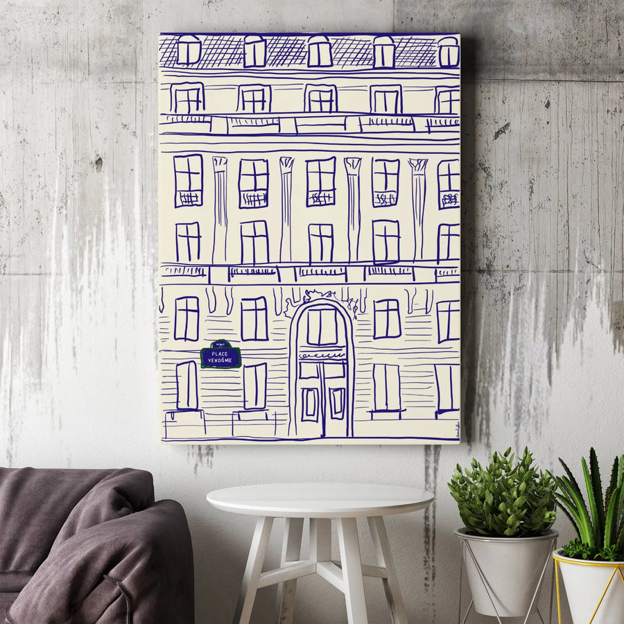 Paris Architecture Wall Art | Place Vendome Building Sketch | Premium Gallery Wrapped Canvas | Minimalist French Decor for Home Office