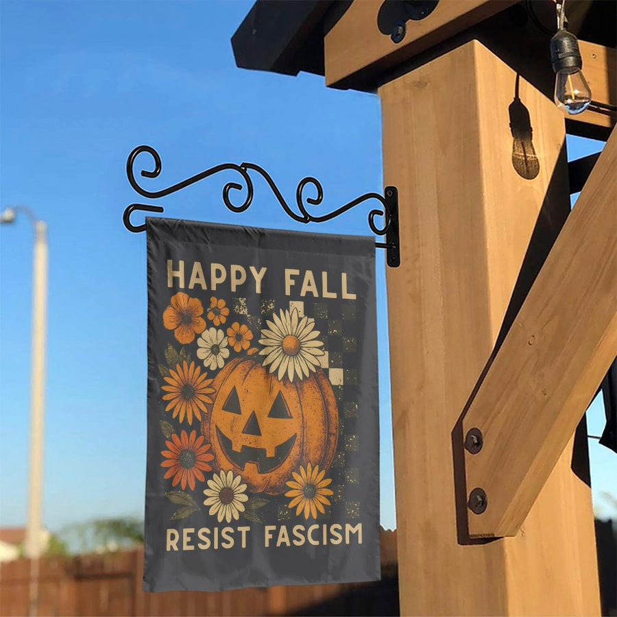 Happy Fall Resist Fascism Garden Flag | Retro Pumpkin Floral Yard Decor | Weather-Resistant Polyester | Autumn Outdoor Garden Gift