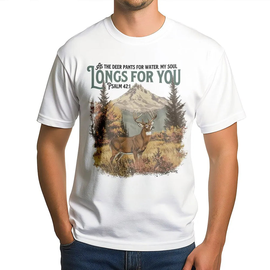Psalm 42:1 Deer Hunting T-Shirt | Rustic Mountain Wildlife Graphic | Premium Soft Cotton | Christian Faith Gift for Outdoorsmen