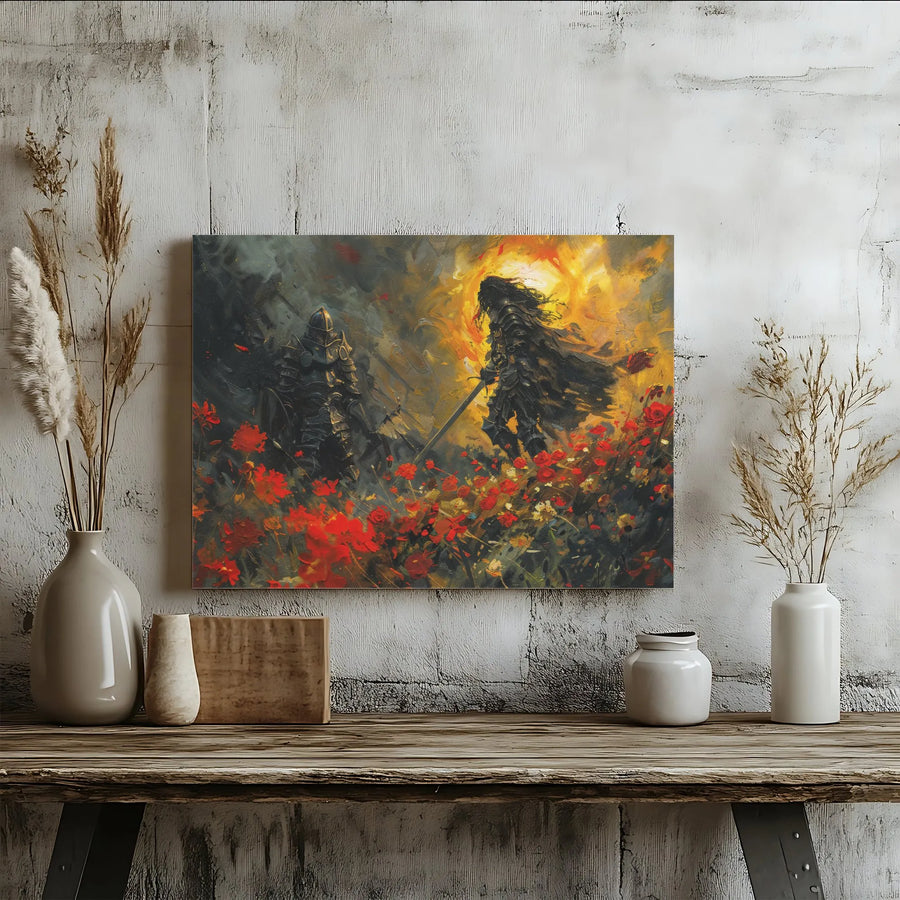 Fantasy Knight Canvas Wall Art | Impressionistic Medieval Duel Painting | Premium Gallery Wrapped Decor | Gift for Fantasy Lovers