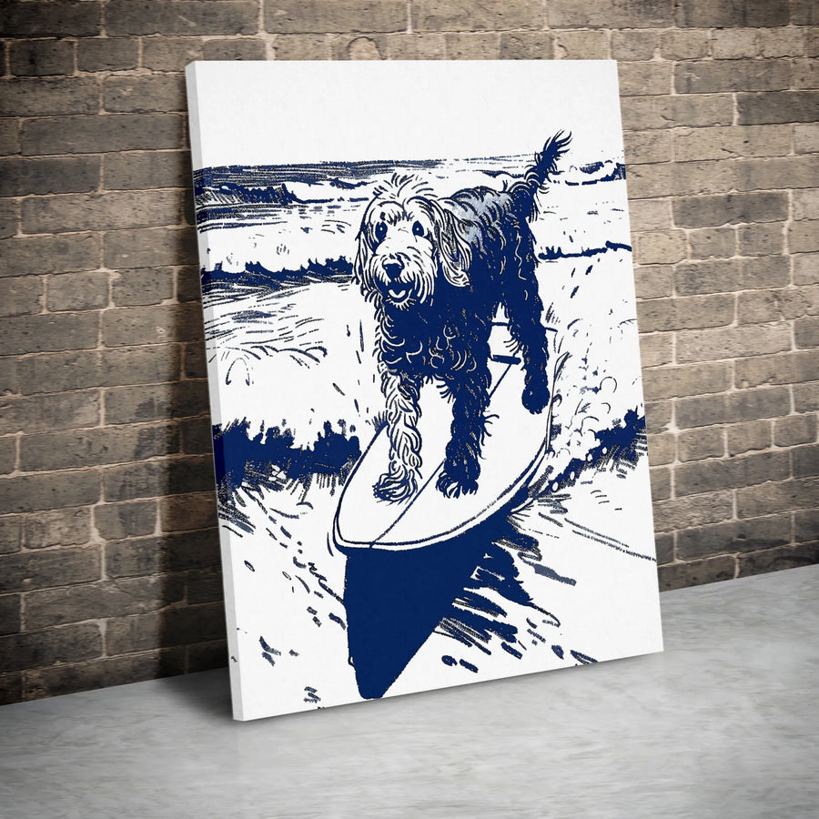 Surfing Goldendoodle Wall Art | Navy Blue Sketch Illustration | Premium Gallery Wrapped Canvas | Coastal Decor Gift for Dog Lovers
