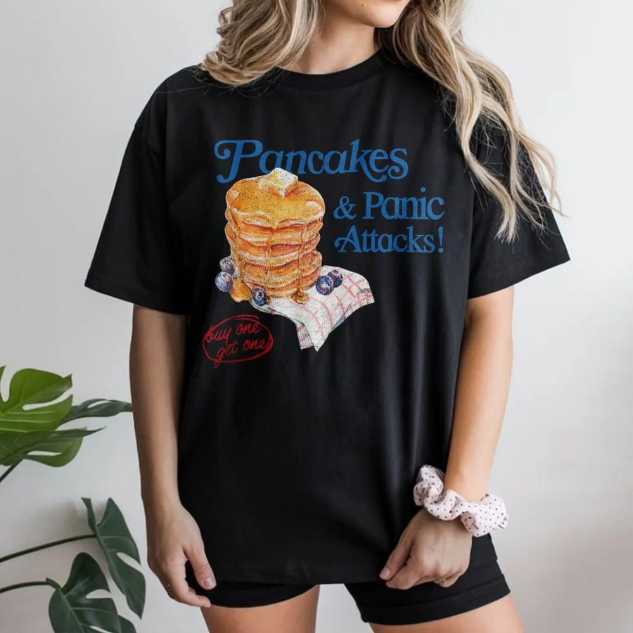Pancakes & Panic Attacks T-Shirt | Funny Foodie Graphic Tee | Premium Cotton Soft Comfort | Sarcastic Relatable Gift For Women And Men