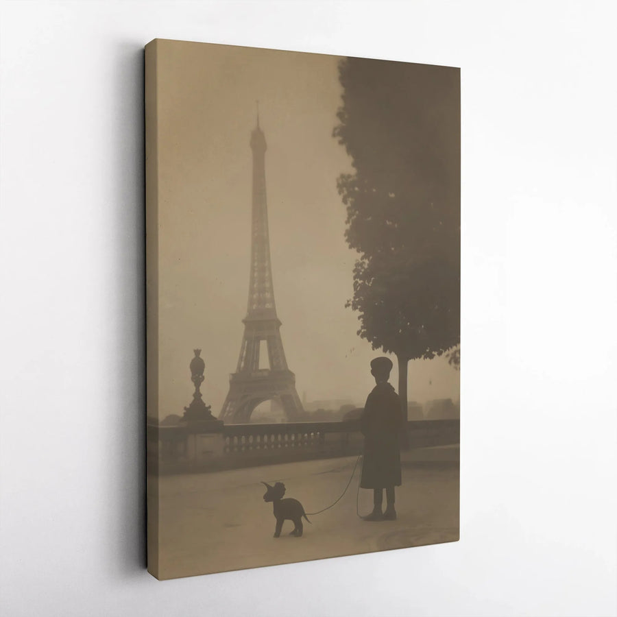 Paris Eiffel Tower Canvas Wall Art | Whimsical Dinosaur Pet Vintage Style Print | Premium Gallery-Wrapped Decor | Unique Gift for Kids and Adults