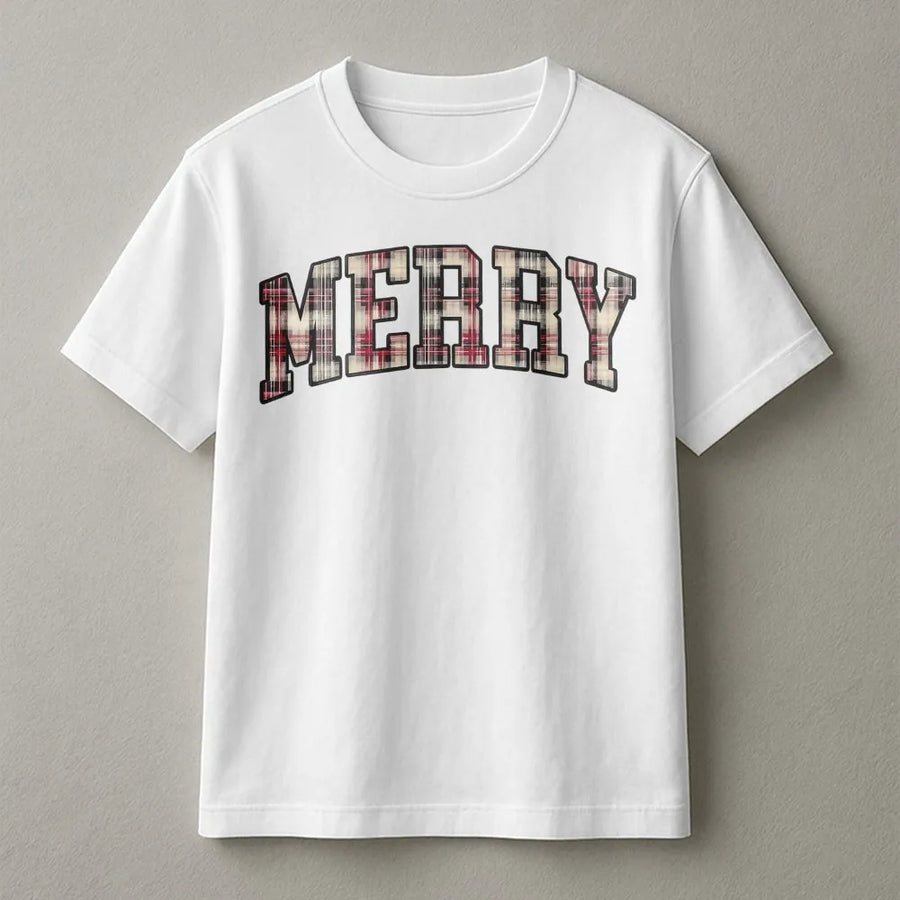 Merry Christmas T-Shirt | Plaid Pattern Collegiate Graphic | Premium Soft Cotton Tee | Festive Holiday Gift for Women and Men