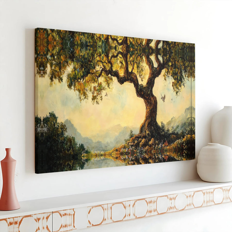 Tree of Life Canvas Wall Art | Vintage Landscape Oil Painting Style | Premium Gallery Wrapped Canvas | Living Room & Office Decor Gift