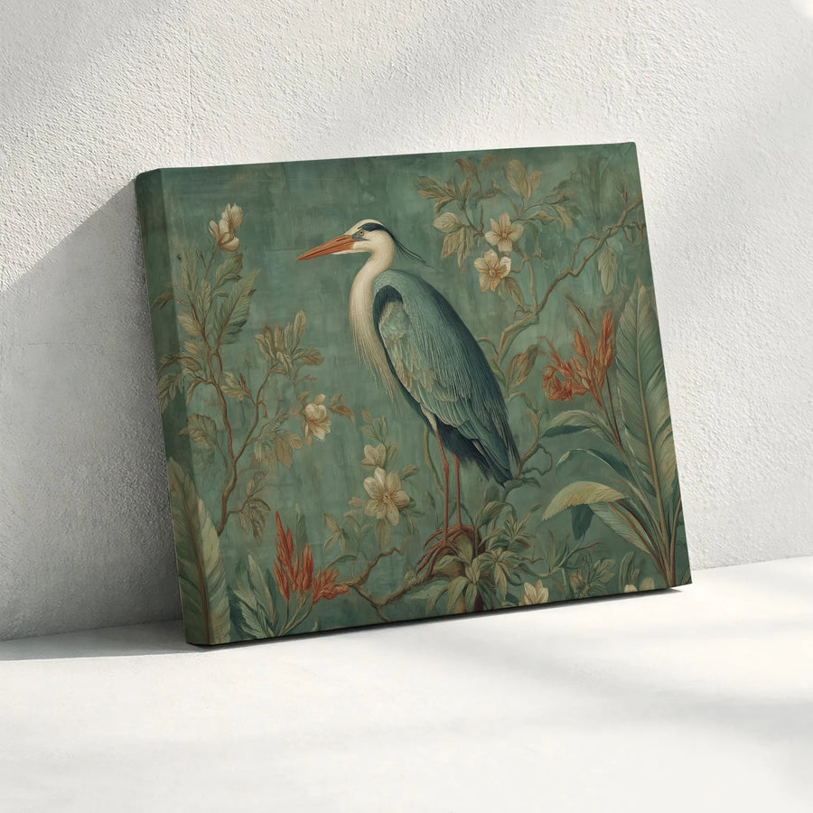 Vintage Heron Canvas Wall Art | Chinoiserie Botanical Bird Print | Premium Fade-Resistant Ink | Nature Lover Home Decor Gift