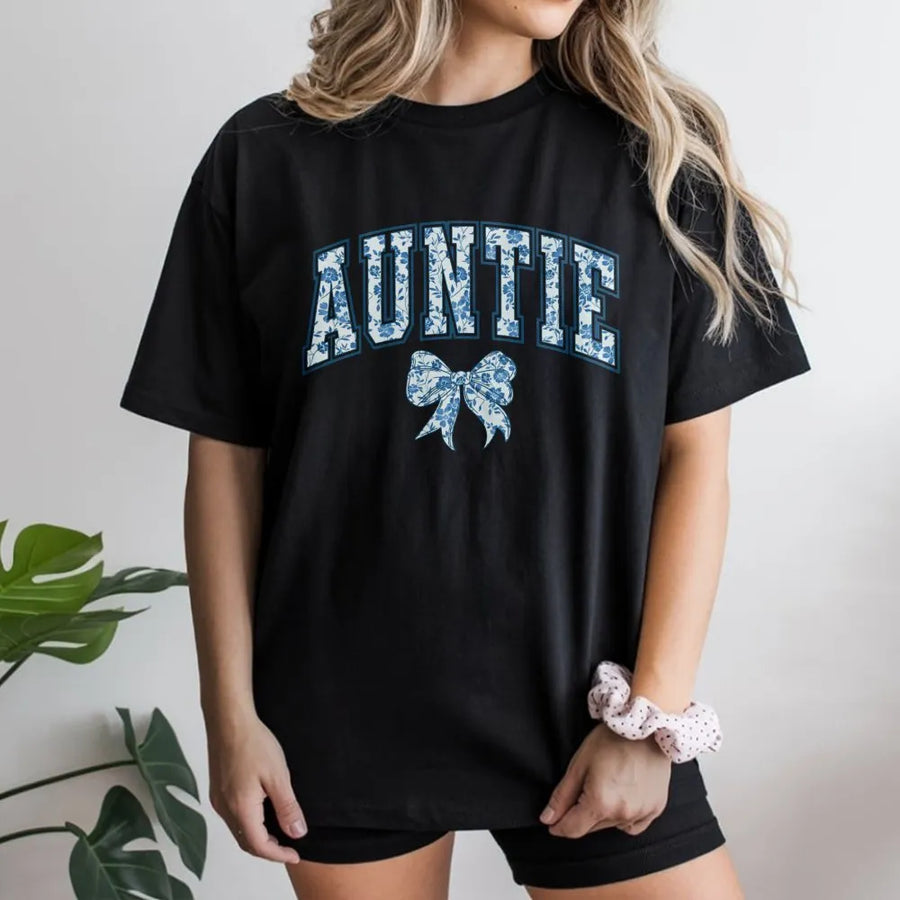 Auntie T-Shirt | Cute Blue Floral Bow Design | Cozy Crewneck Pullover | Gift for New Aunt, Pregnancy Announcement