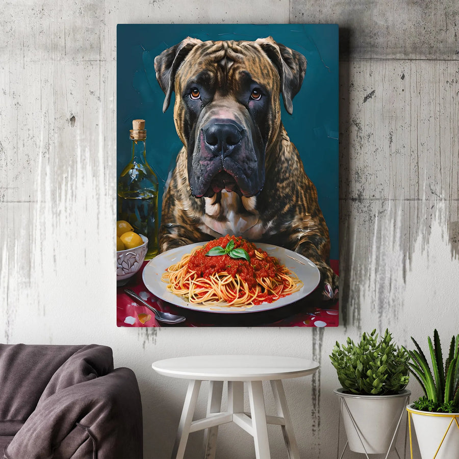 Cane Corso Wall Art | Funny Dog Eating Spaghetti Oil Painting Style | Premium Gallery Wrap Canvas | Unique Kitchen Decor Gift for Dog Lovers