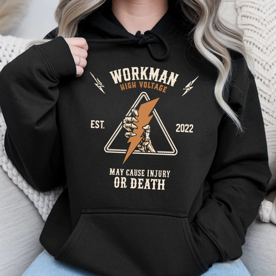 High Voltage Electrician Hoodie | Skeleton Hand Lightning Bolt Graphic | Premium Cotton Blend | Funny Gift For Lineman And Electrical Worker