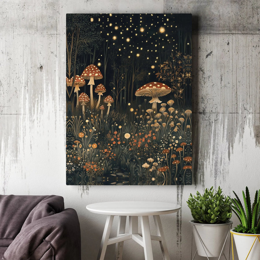 Mushroom Forest Canvas Art | Enchanted Night Sky Woodland Print | 1.25 Inch Gallery Wrap | Celestial Botanical Wall Decor for Bedroom