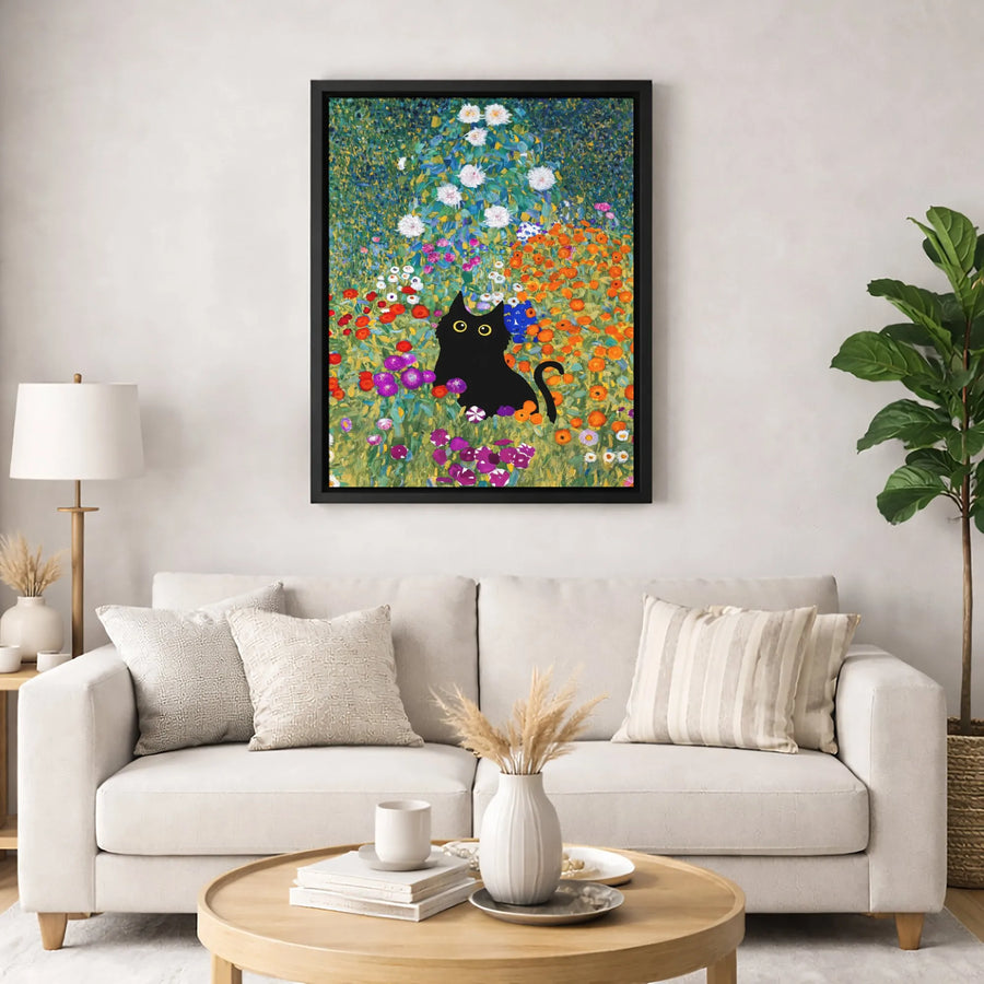 Black Cat Wall Art | Gustav Klimt Style Garden Painting | Premium 1.25-Inch Gallery Canvas | Whimsical Floral Cat Lover Gift