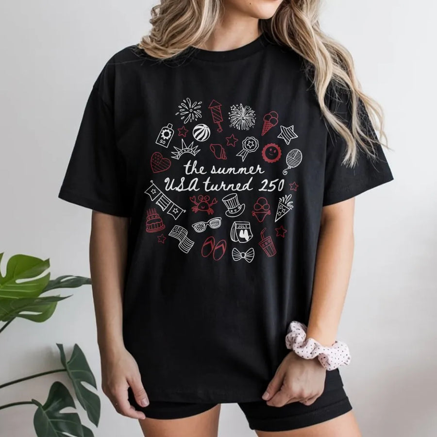 USA 250th Anniversary T-Shirt | Retro Summer Doodle Graphic | Soft Cotton Blend | Patriotic Semiquincentennial Commemorative Gift