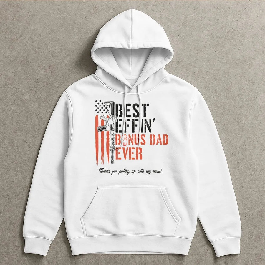 Bonus Dad Hoodie | American Flag Rifle Graphic Design | Premium Cotton Blend | Funny Stepdad Gift for Father's Day 2026 Birthday