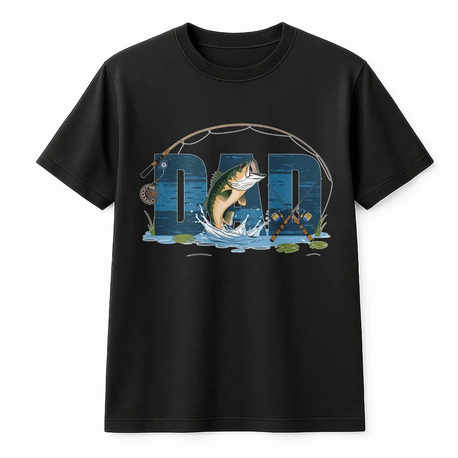 Fishing Dad T-Shirt | Jumping Bass Graphic Design | 100% Cotton Premium Tee | Unique Gift for Fisherman, Outdoorsman, Husband
