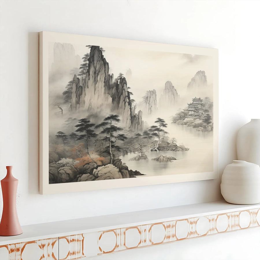 Japanese Ink Wash Painting | Misty Mountain Landscape Wall Art | Premium Canvas Print | Zen Home Decor Gift for Minimalist Office