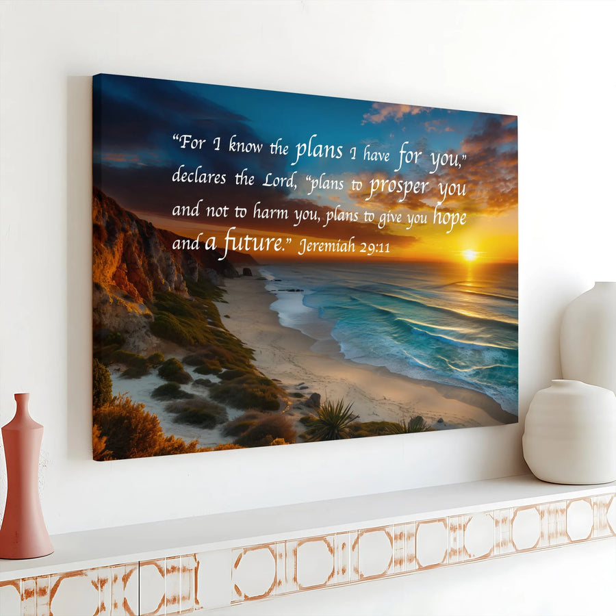 Jeremiah 29:11 Canvas Wall Art | Inspirational Bible Verse with Ocean Sunset | Premium Gallery Wrapped Canvas | Christian Home Decor Gift