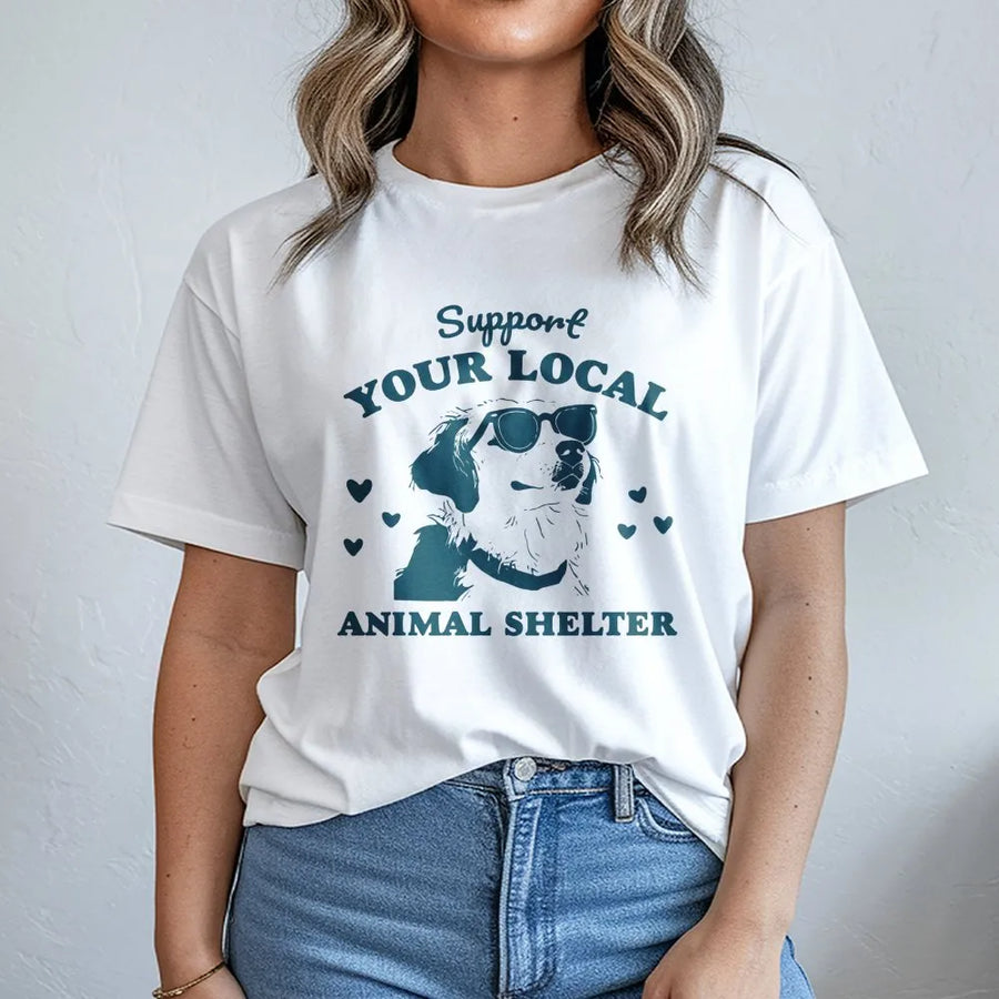 Support Your Local Animal Shelter T-Shirt | Cool Dog With Sunglasses Graphic | Premium Soft Cotton Unisex Tee | Gift for Animal Rescuer and Volunteer