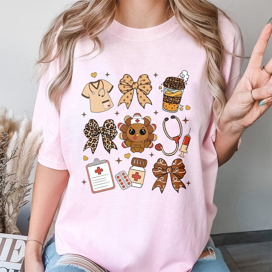 Nurse Thanksgiving T-Shirt | Cute Leopard Print Turkey & Medical Icons | 100% Cotton Premium Tee | Holiday Gift for Nurses & Healthcare Workers
