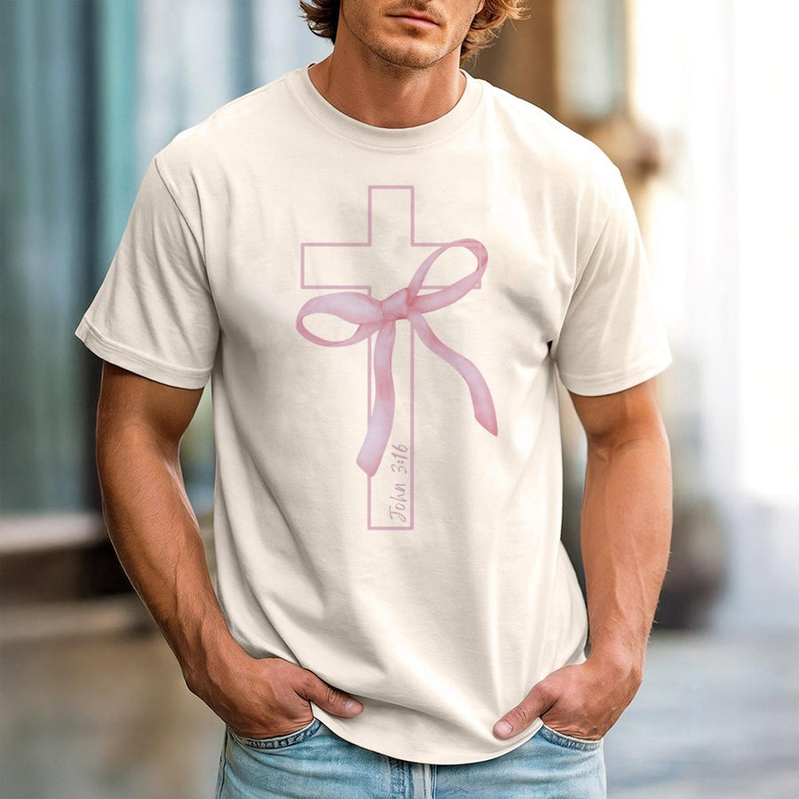 Coquette Christian T-Shirt | Pink Bow Cross Graphic Bible Verse | 100% Cotton Premium Tee | Faith Based Gift For Her