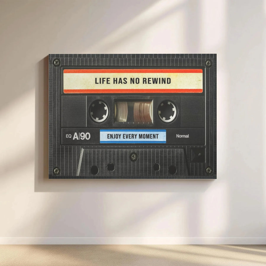 Life Has No Rewind Wall Art | Retro Cassette Tape Design | Gallery Wrapped Canvas | Motivational Office Decor & Gift for Music Lovers