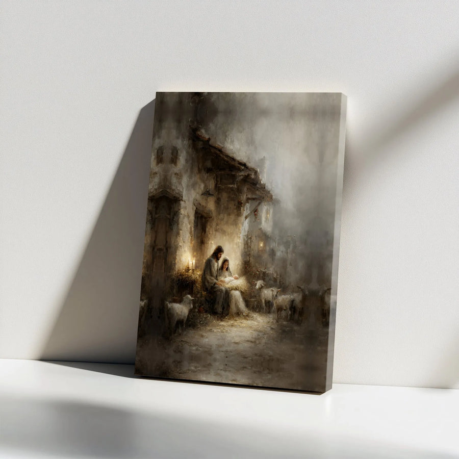 Nativity Scene Canvas Wall Art | Rustic Holy Family Oil Painting Style | Premium Gallery Wrap Print | Religious Christmas Home Decor Gift