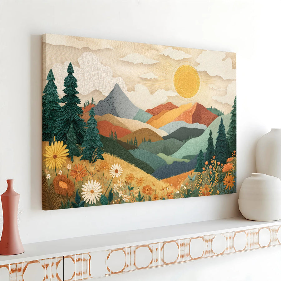 Boho Mountain Landscape Canvas Wall Art | Retro Wildflower Meadow Print | Premium Textured Art | Gift for Nature Lover, Living Room Decor