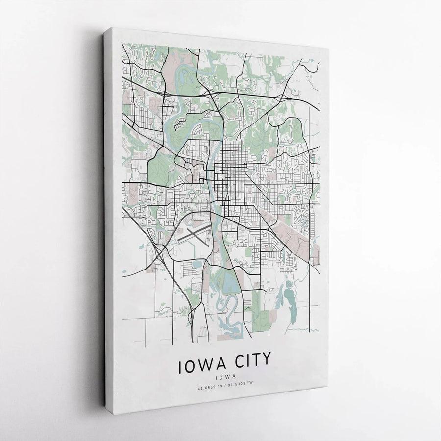 Iowa City Map Canvas Print | Minimalist Street Map Wall Art with Coordinates | Premium Gallery Wrapped | Housewarming Gift for Iowa Residents