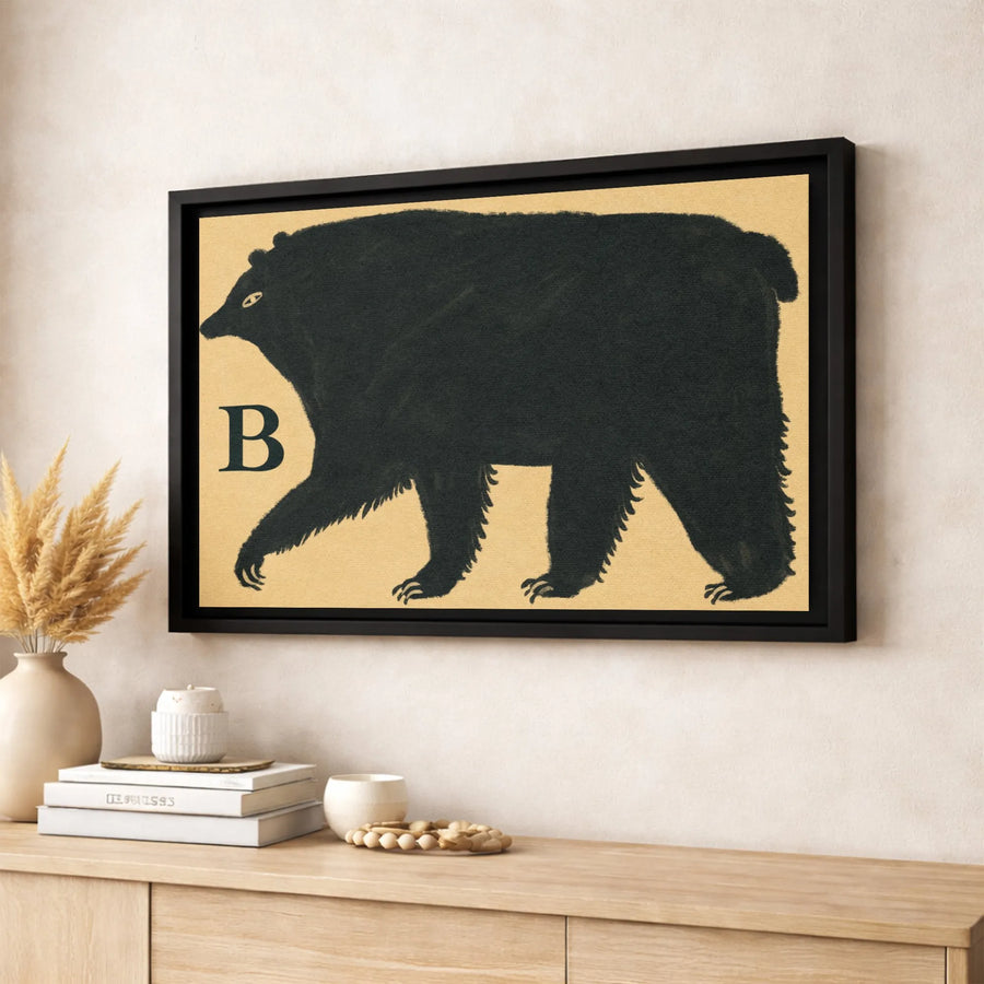 Black Bear Alphabet Wall Art | Minimalist Animal Print | Premium Gallery-Wrapped Canvas | Rustic Nursery or Home Decor Gift