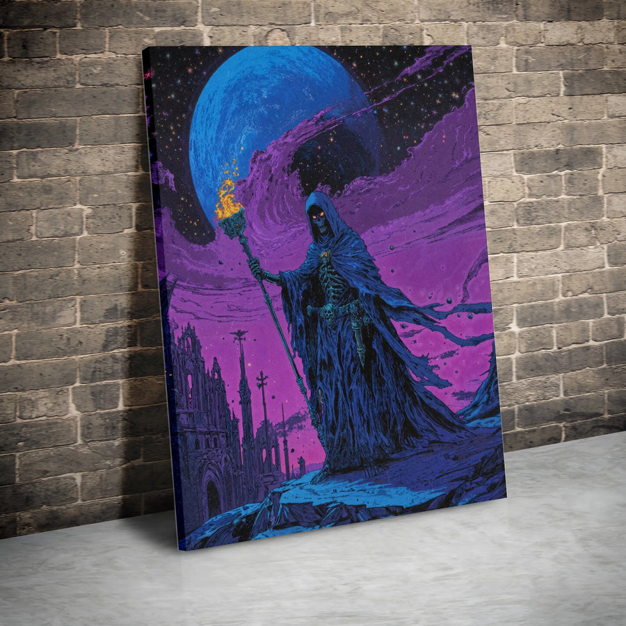 Dark Fantasy Canvas Wall Art | Skeletal Lich with Flaming Staff in Cosmic Ruined City | Premium Fade-Resistant Print | Gothic Home Decor Gift