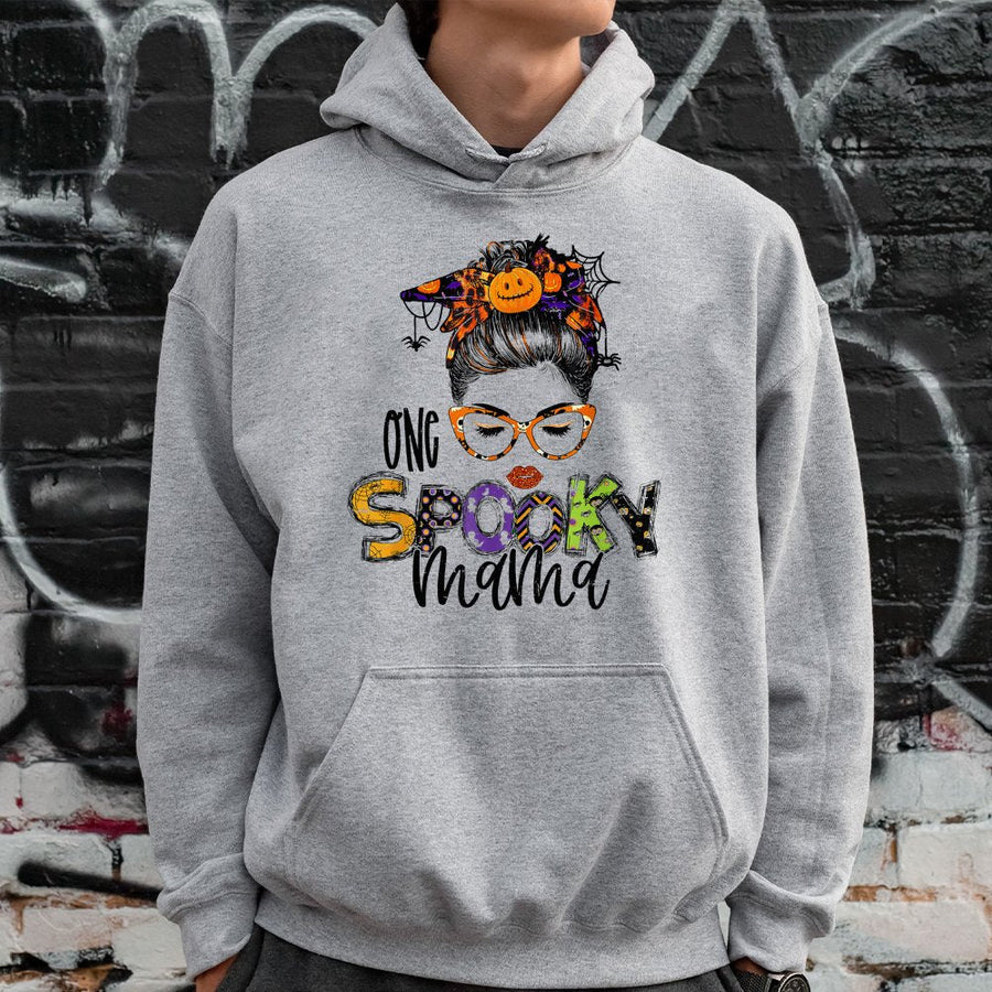 One Spooky Mama Hoodie | Cute Halloween Pumpkin Messy Bun Graphic | Soft Cotton-Polyester Premium Blend | Fall Outfit Gift for Mom