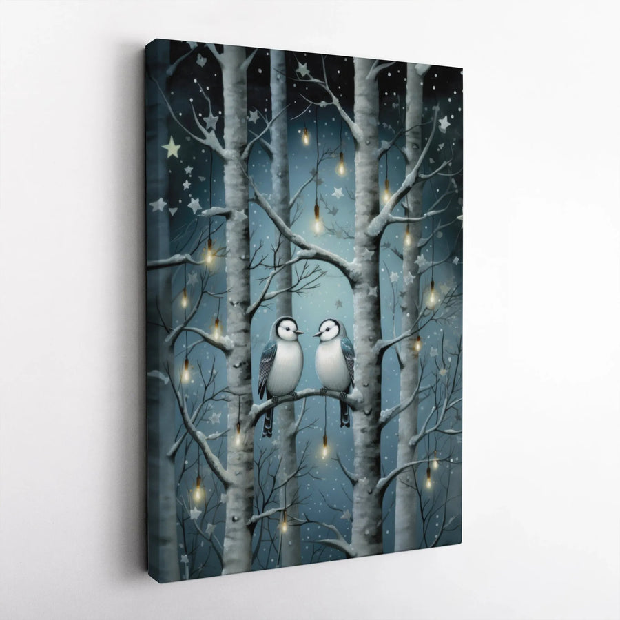 Winter Bird Canvas Wall Art | Romantic Snow-Covered Birch Trees with Fairy Lights | Premium Gallery Wrap | Cozy Holiday Home Decor Gift