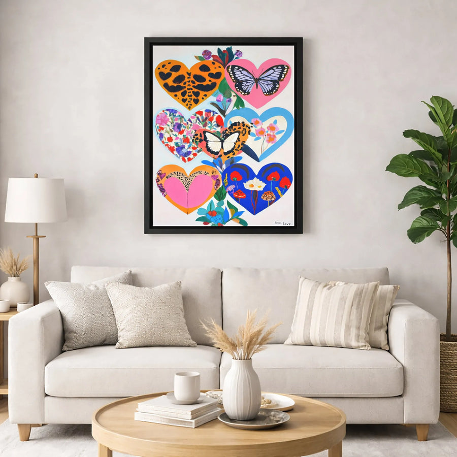 Heart Wall Art Canvas | Colorful Butterfly Floral Collage | Premium Gallery Wrapped Print | Modern Bohemian Home Decor Gift