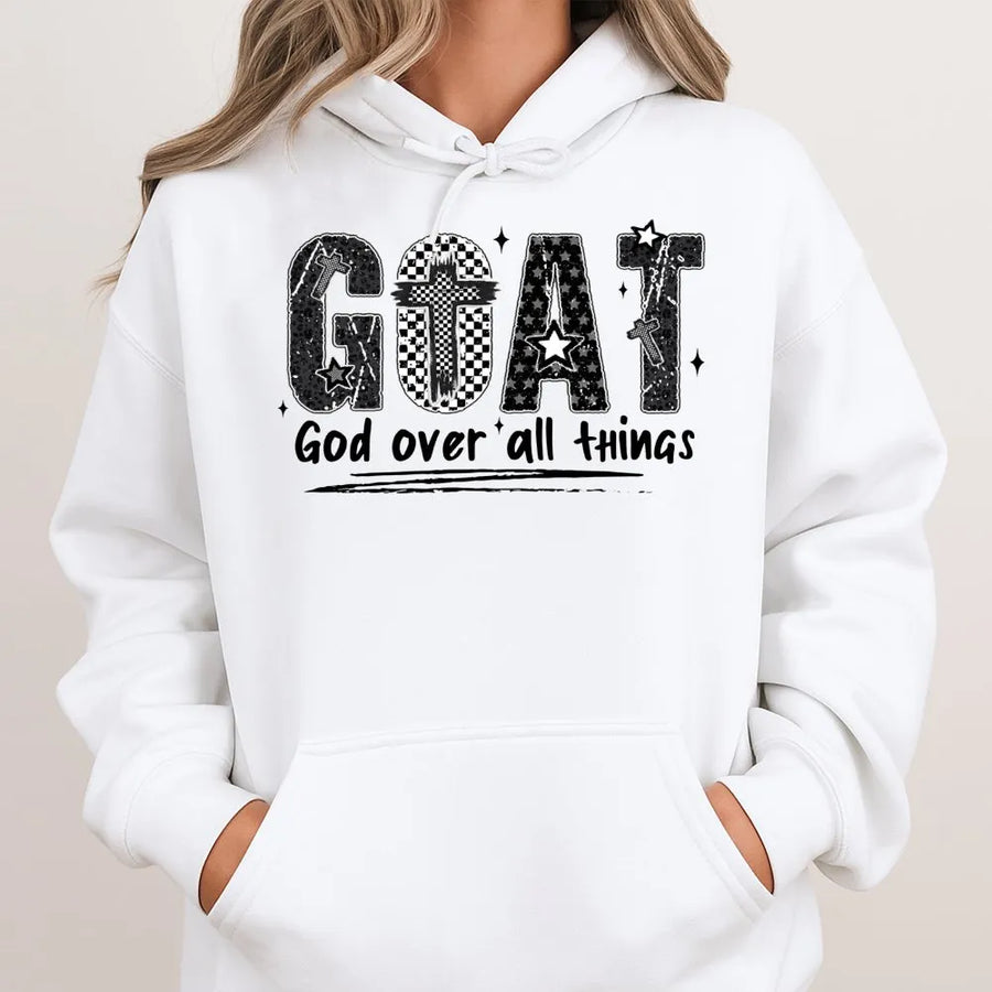 GOAT God Over All Things Hoodie | Christian Faith Cross Design | Premium Cotton Blend | Religious Gift for Men and Women