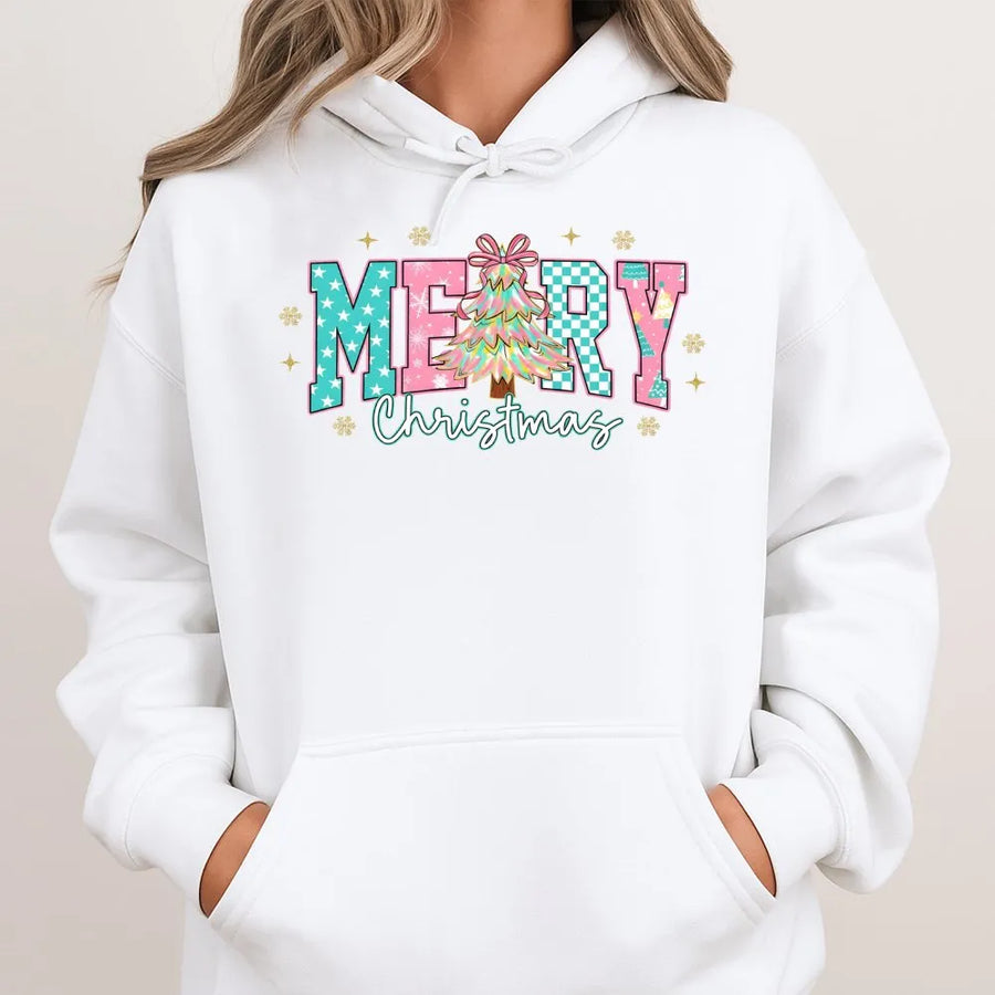 Merry Christmas Coquette Hoodie | Retro Pink Aesthetic Christmas Tree Graphic | Soft Cotton Blend Unisex Pullover | Preppy Holiday Gift For Her