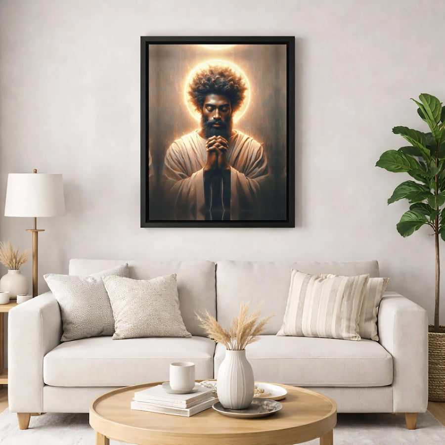 Black Jesus Wall Art | Praying African American Savior With Glowing Halo | Premium Gallery-Wrapped Canvas | Spiritual Home Decor Gift