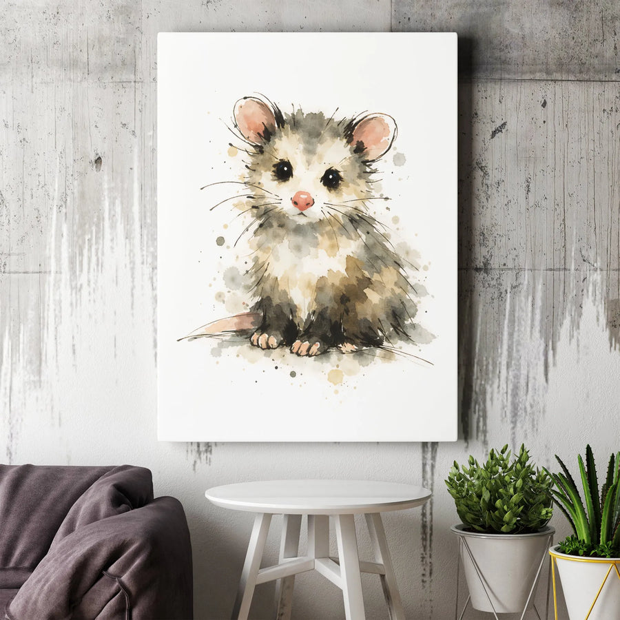 Baby Opossum Canvas Wall Art | Cute Watercolor Possum Portrait | Premium Gallery Wrapped Canvas | Woodland Nursery Decor Gift for Animal Lover