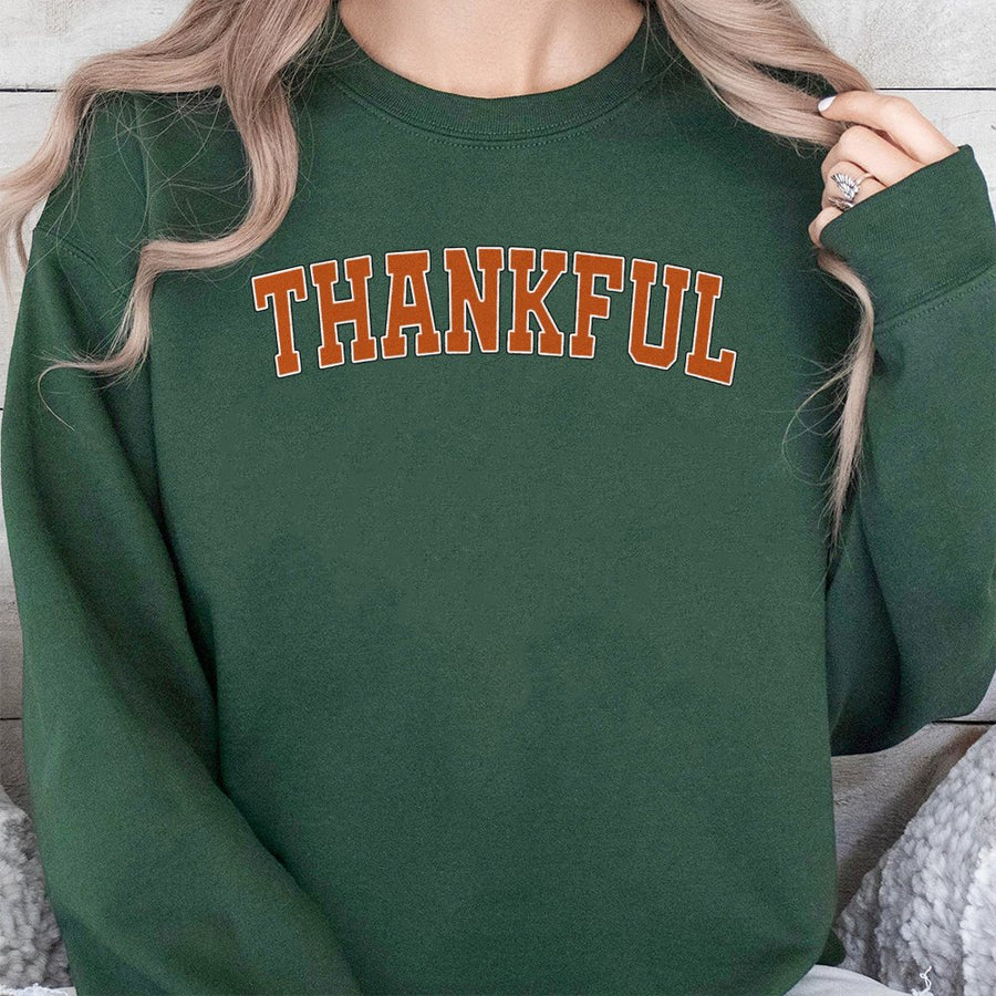 Thankful Sweatshirt | College Varsity Letter Design | Premium Cotton Blend Crewneck | Cute Thanksgiving Fall Outfit Gift for Her