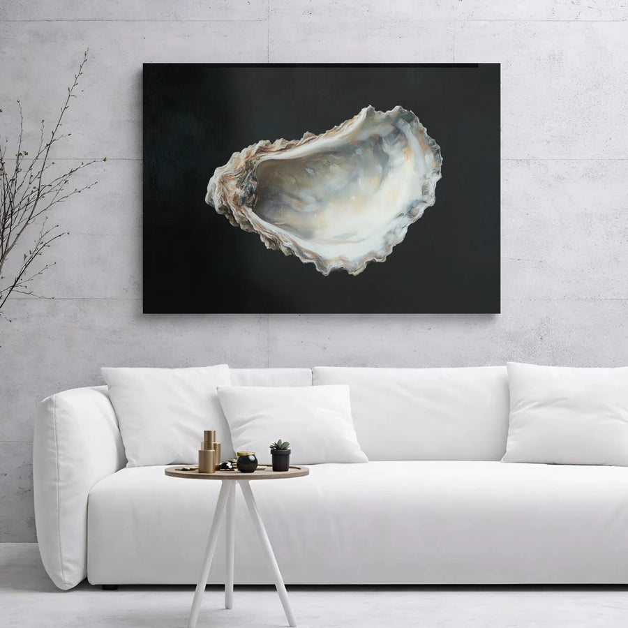 Oyster Shell Canvas Wall Art | Realistic Coastal Decor on Black Background | Premium Gallery Wrap Print | Modern Beach House Decor for Home