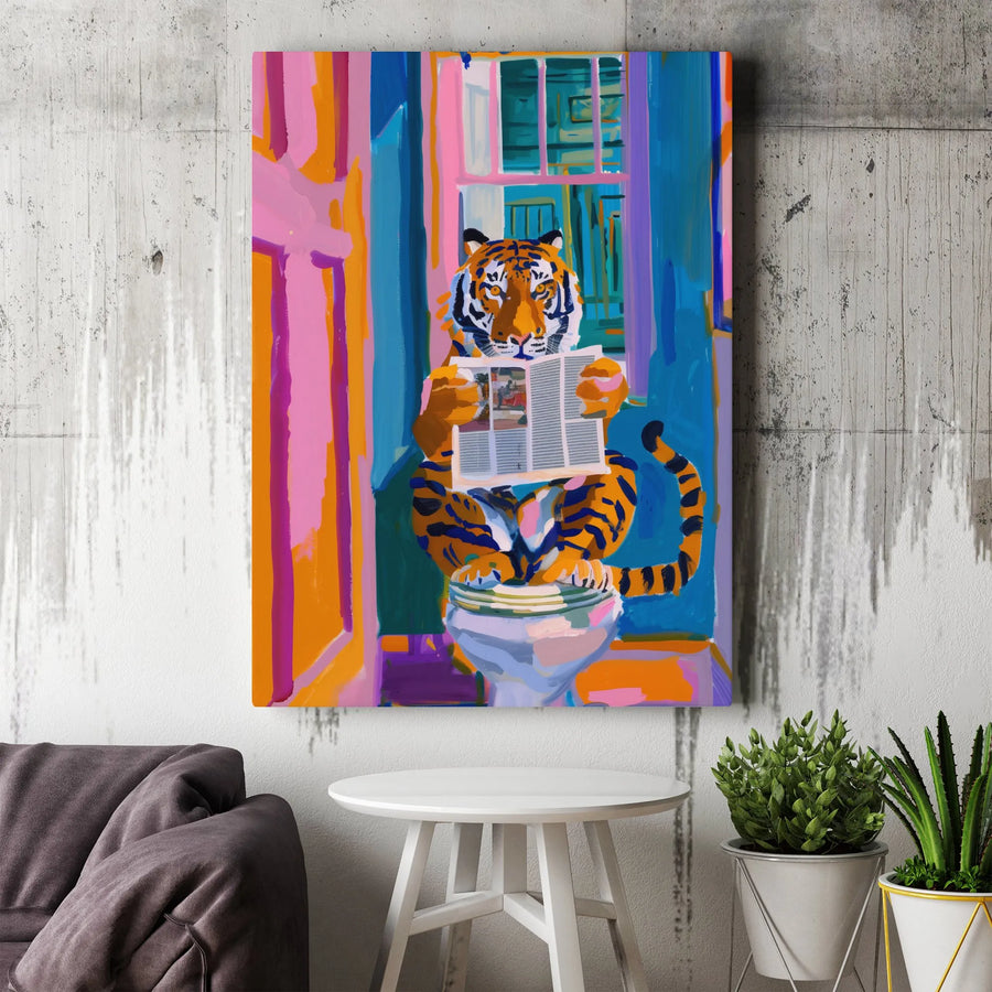 Tiger on Toilet Canvas Print | Funny Abstract Animal Art | Premium Gallery Wrapped Canvas | Unique Bathroom Decor Gift