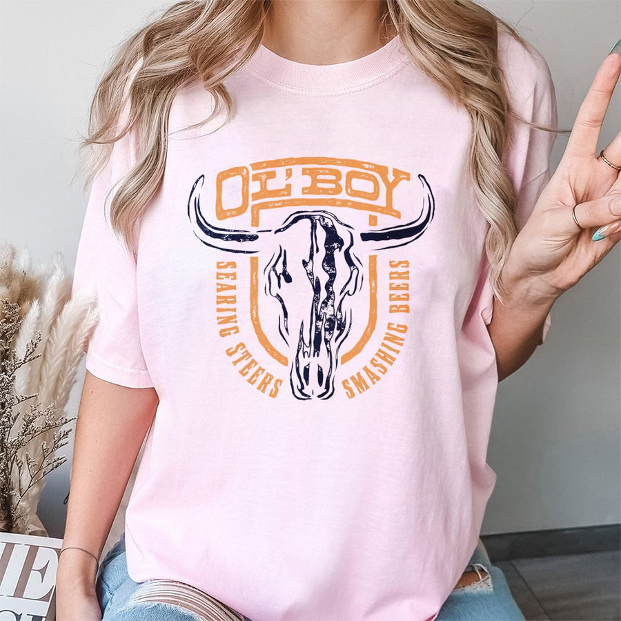 Western Cowboy T-Shirt | Distressed Bull Skull Graphic Print | Premium 100% Cotton | Gift For Country Music & Rodeo Fans
