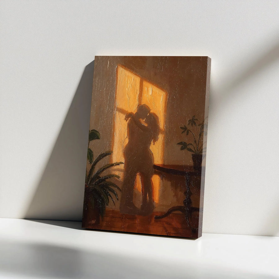 Romantic Couple Silhouette Wall Art | Golden Hour Window View | Premium Gallery Wrap Canvas | Anniversary Gift for Couples Home Decor