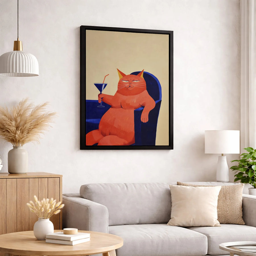 Funny Orange Cat Canvas Print | Smug Cat Drinking Cocktail Wall Art | Premium Gallery Wrapped Decor | Whimsical Gift For Cat Lovers