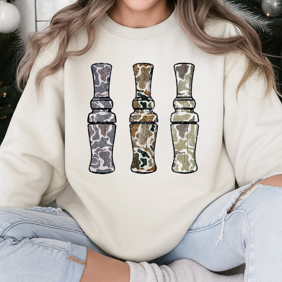 Duck Hunting Sweatshirt | Retro Camo Duck Calls Graphic | Premium Cotton Blend | Gift for Hunter and Waterfowl Enthusiast