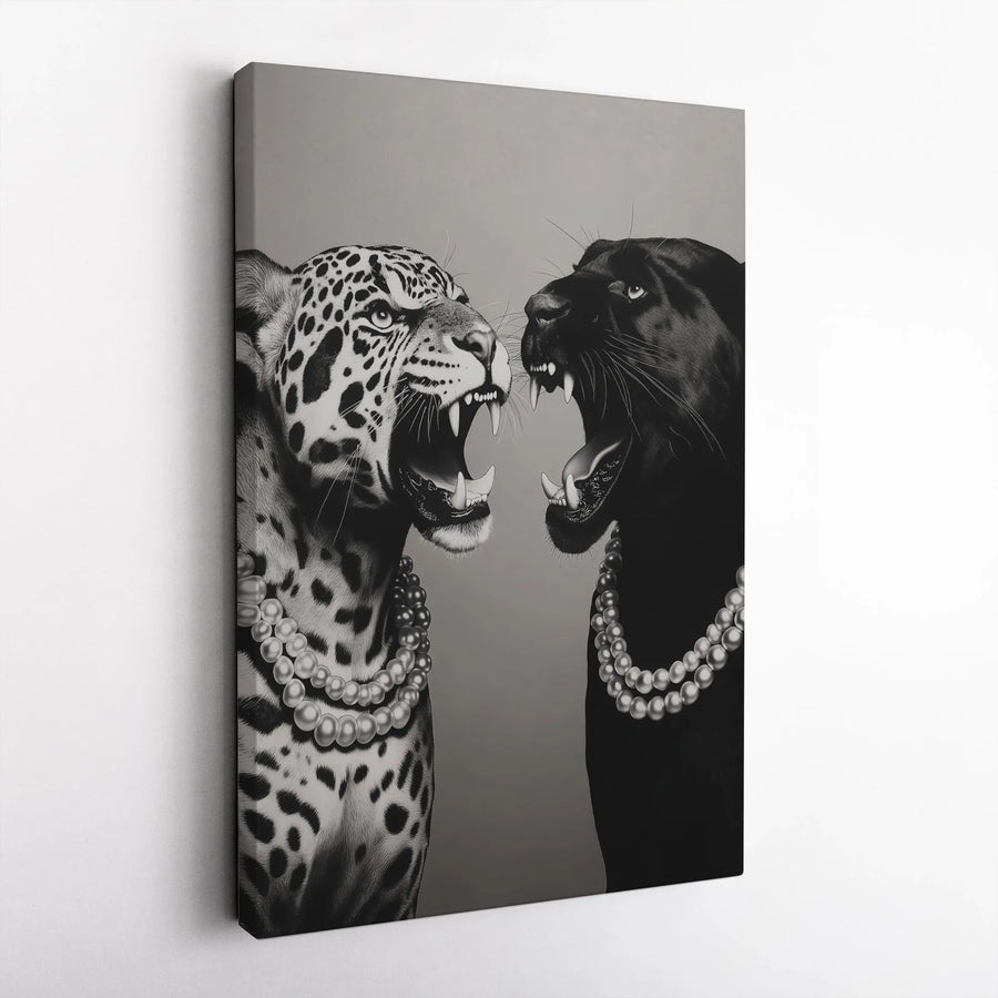 Fashion Leopard and Panther Canvas | Black & White Big Cats with Pearls | Premium Wall Art | Modern Home Decor Collector's Gift